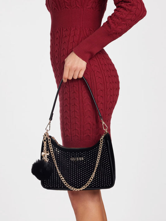 Guess Holly Velvet Shoulder Bag- Black Velvet