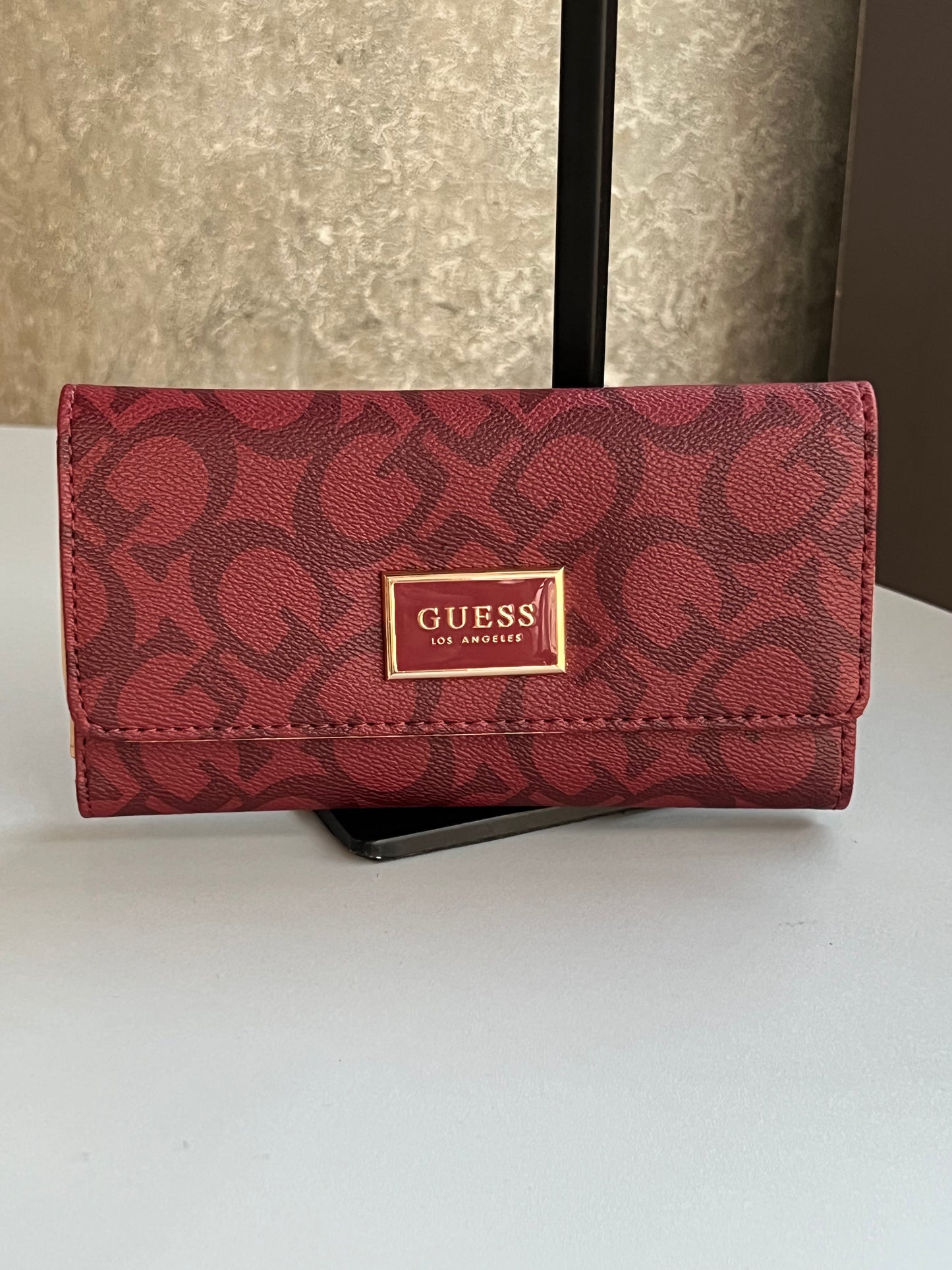 GUESS Abree Logo Slim Clutch Wallet- Black Cherry