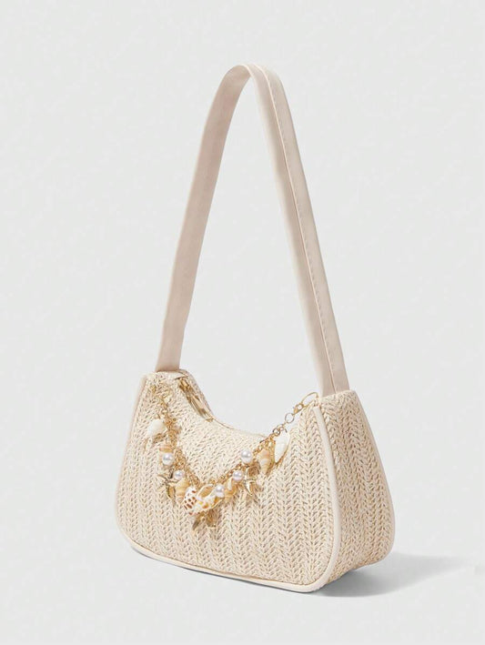 ROMWE Fairycore 1 Set Woven Beach Tote Bag And Accessories-Beige(2)