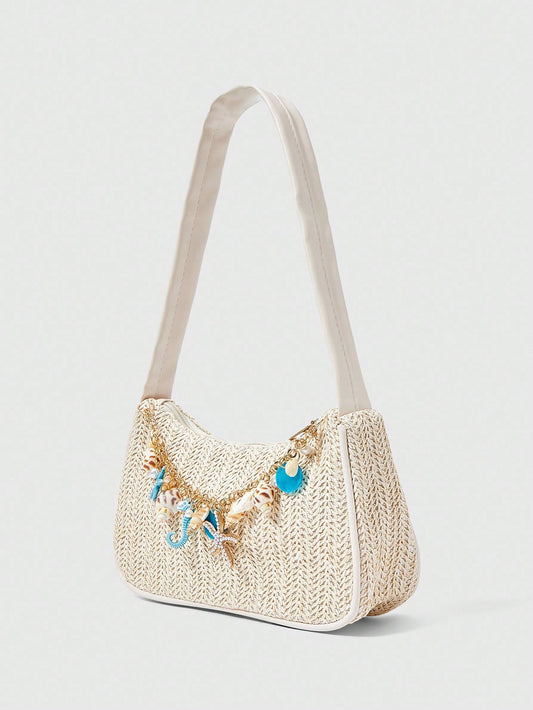 ROMWE Fairycore 1 Set Woven Beach Tote Bag And Accessories-Beige