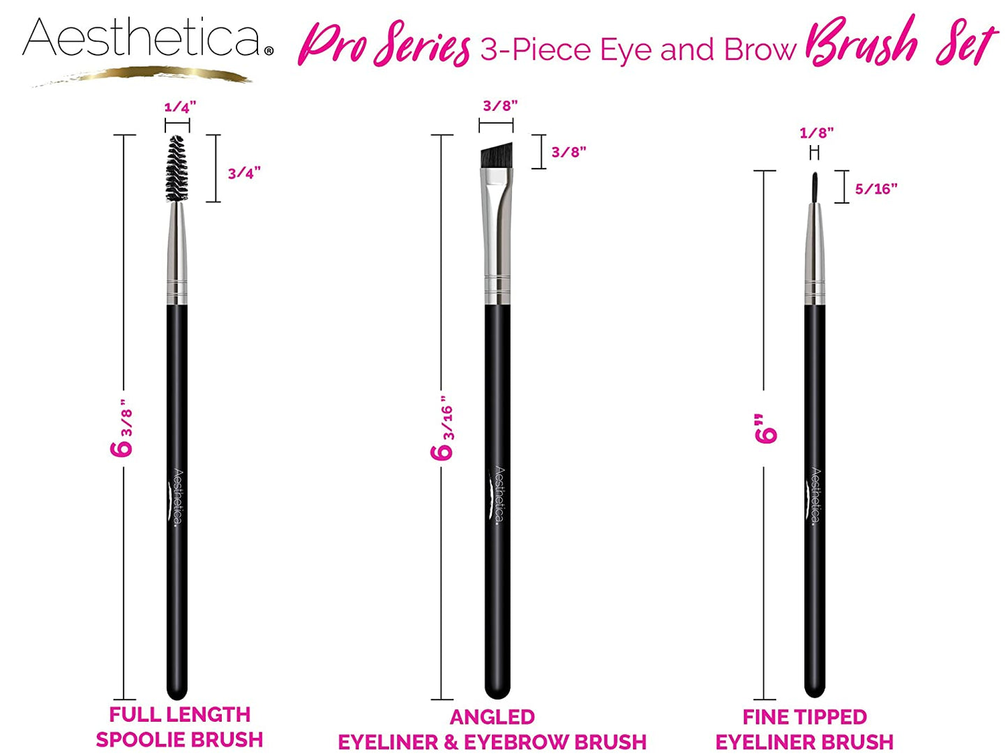 Aesthetica Pro Brush Series 3-Piece Eyeliner, Brow & Spoolie Brush Set