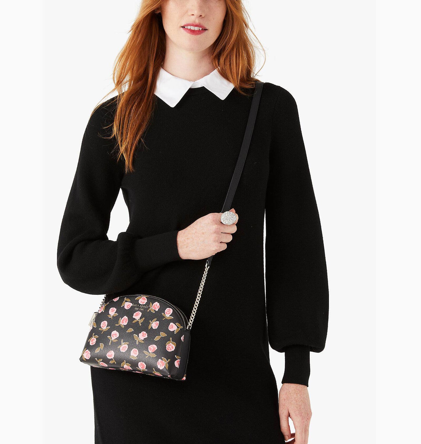Kate Spade Spencer Ditsy Rose Double-Zip Dome Crossbody Bag- Black Multi