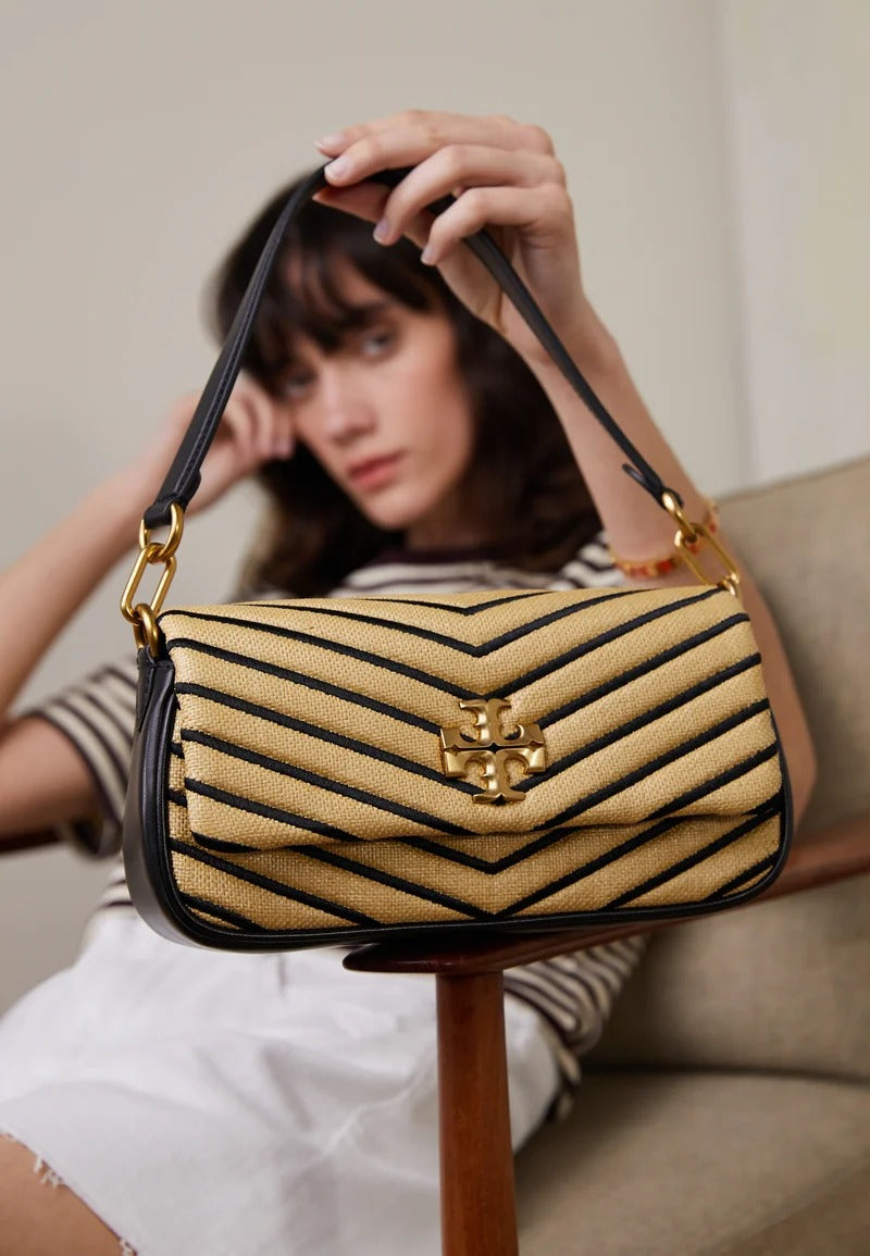 Kira Chevron Soft Straw Small Flap Shoulder Bag- Natural & Black
