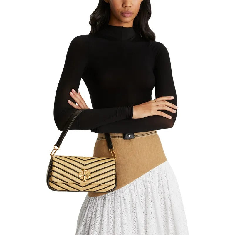Kira Chevron Soft Straw Small Flap Shoulder Bag- Natural & Black