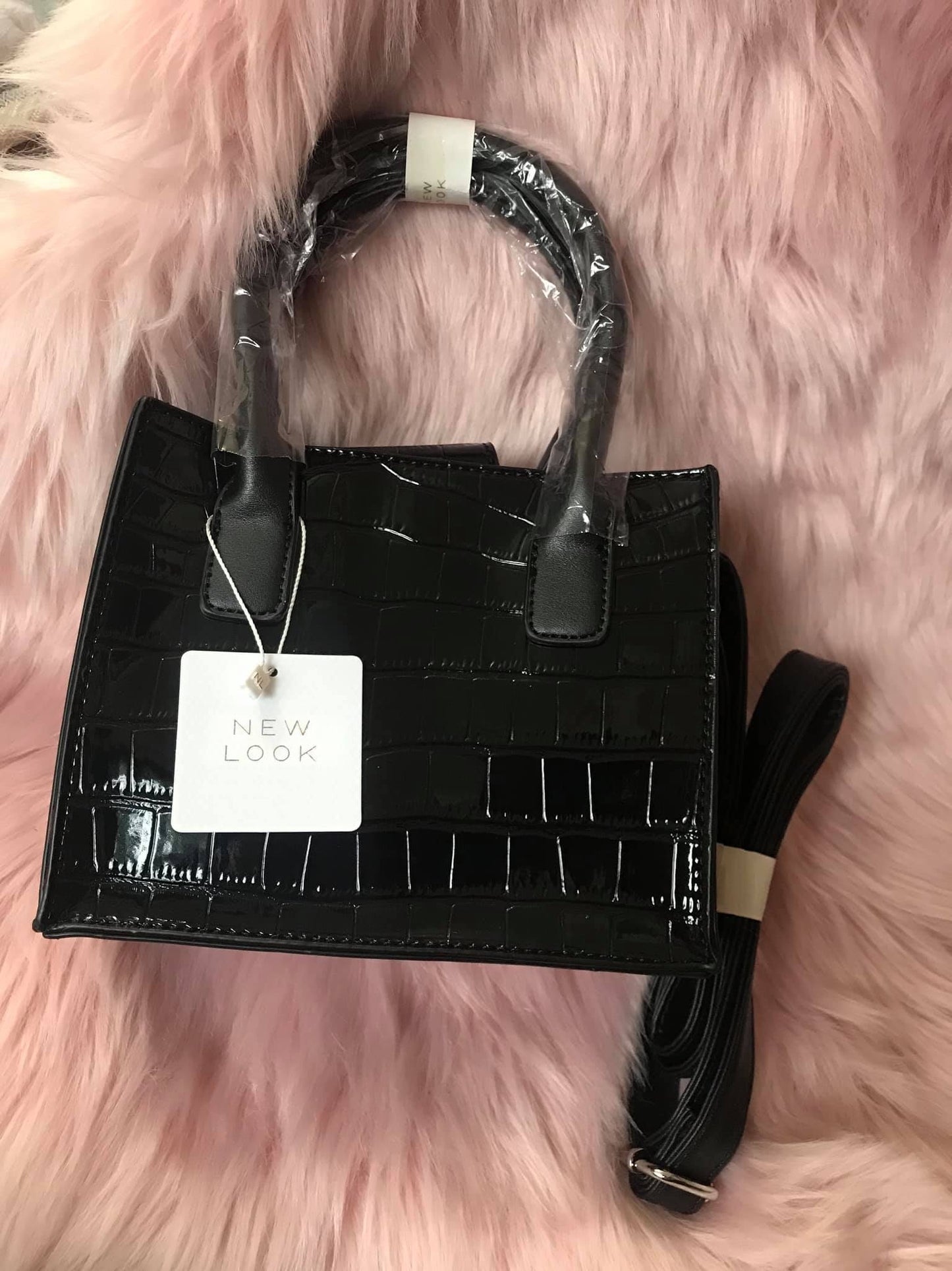 New Look Patent Croc Mini Tote Bag- Black