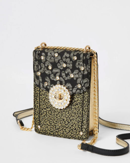 River Island Gold Leopard Print Embellish Cross Body Bag