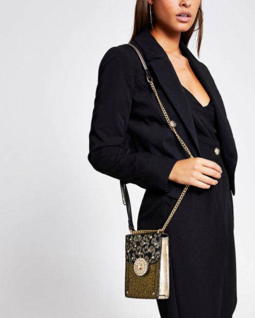 River Island Gold Leopard Print Embellish Cross Body Bag