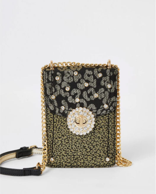 River Island Gold Leopard Print Embellish Cross Body Bag