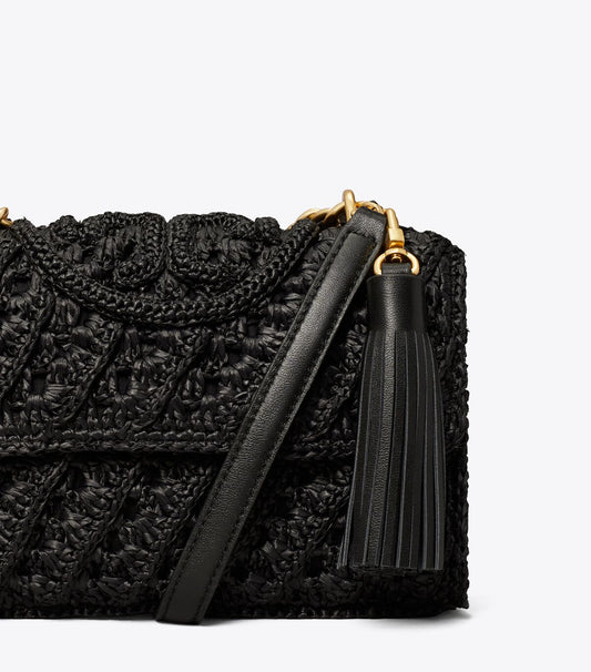 Tory Burch Fleming Raffia Small Convertible Shoulder Bag- Black