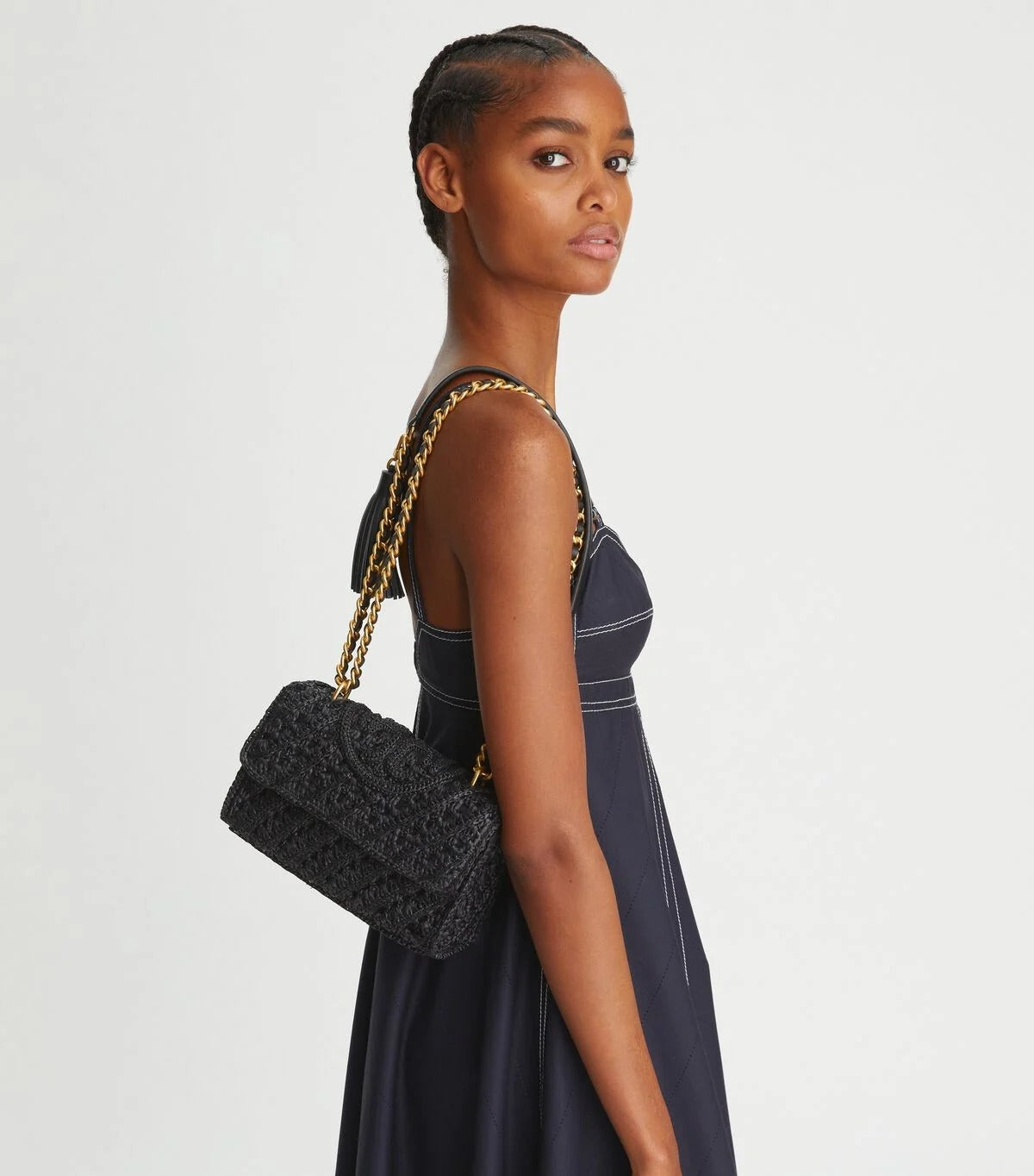 Tory Burch Fleming Raffia Small Convertible Shoulder Bag- Black