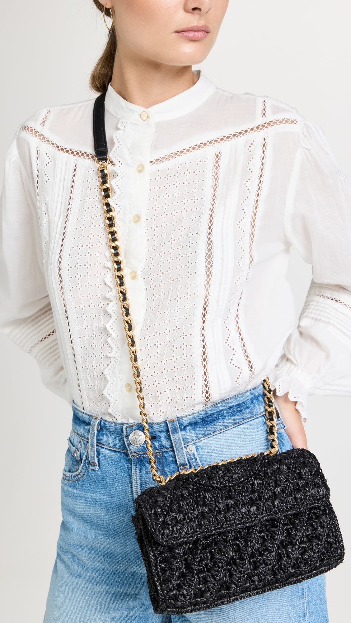 Tory Burch Fleming Raffia Small Convertible Shoulder Bag- Black