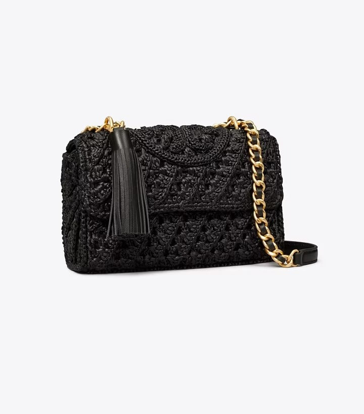 Tory Burch Fleming Raffia Small Convertible Shoulder Bag- Black