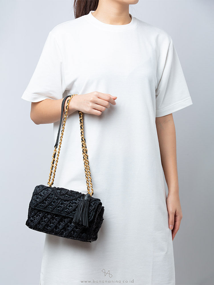 Tory Burch Fleming Raffia Small Convertible Shoulder Bag- Black