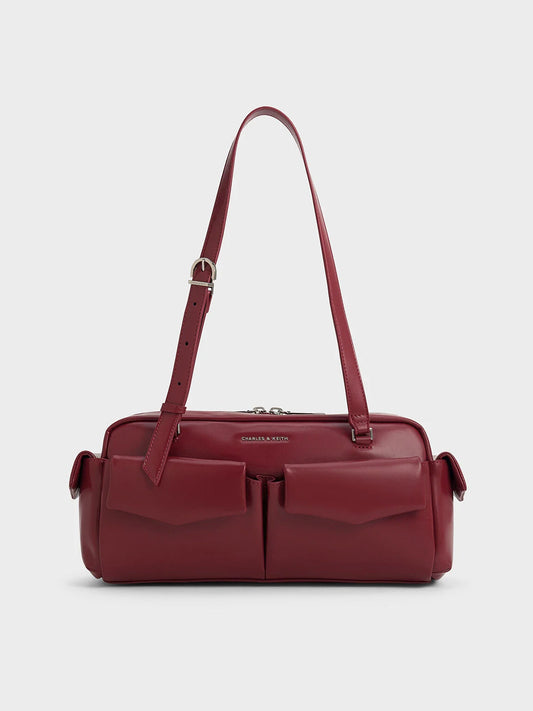 Charles & Keith Rachel Multi-Pocket Shoulder Bag - Burgundy