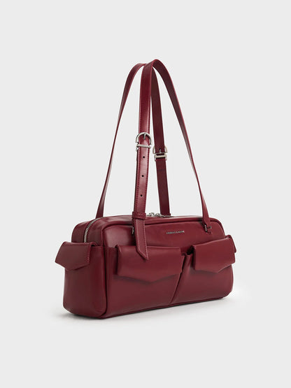 Charles & Keith Rachel Multi-Pocket Shoulder Bag - Burgundy