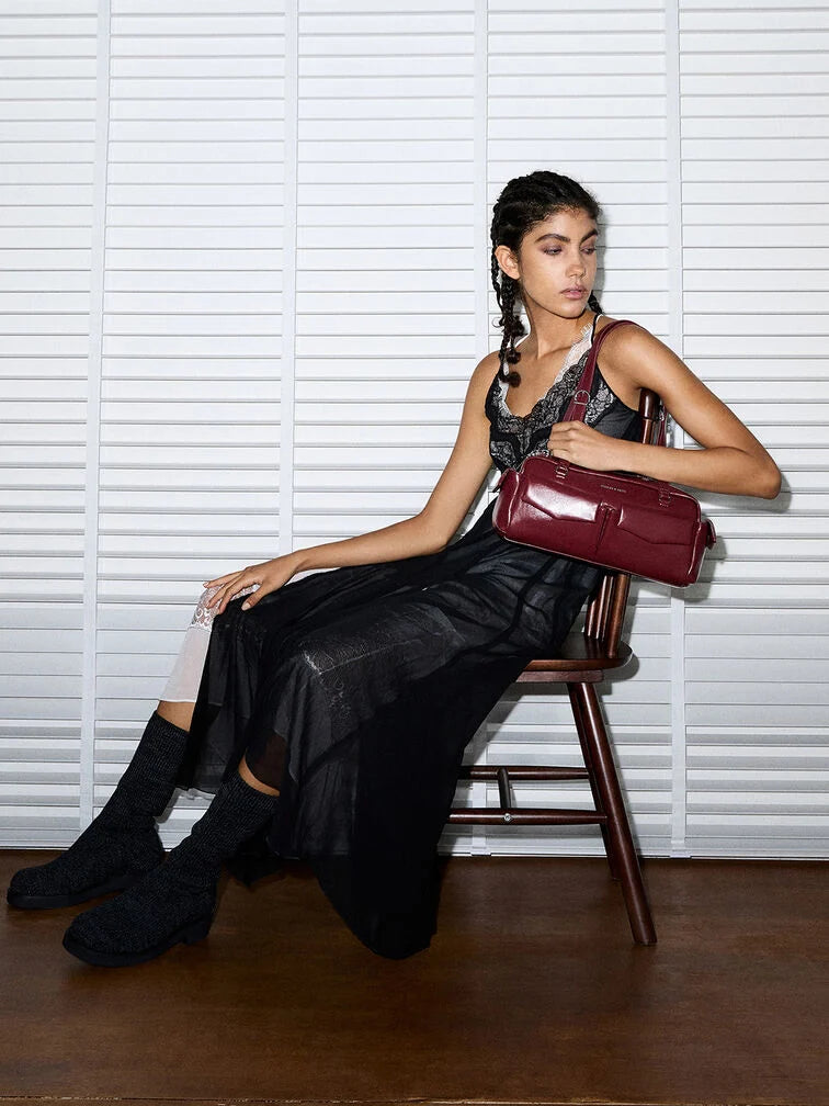 Charles & Keith Rachel Multi-Pocket Shoulder Bag - Burgundy