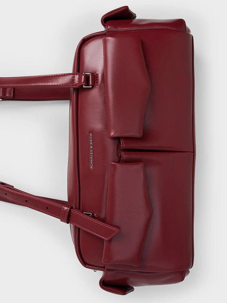 Charles & Keith Rachel Multi-Pocket Shoulder Bag - Burgundy