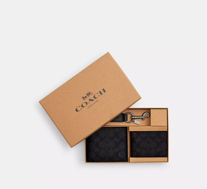 Coach Boxed 3 In 1 Wallet Gift Set In Signature- Gunmetal/Charcoal/Black