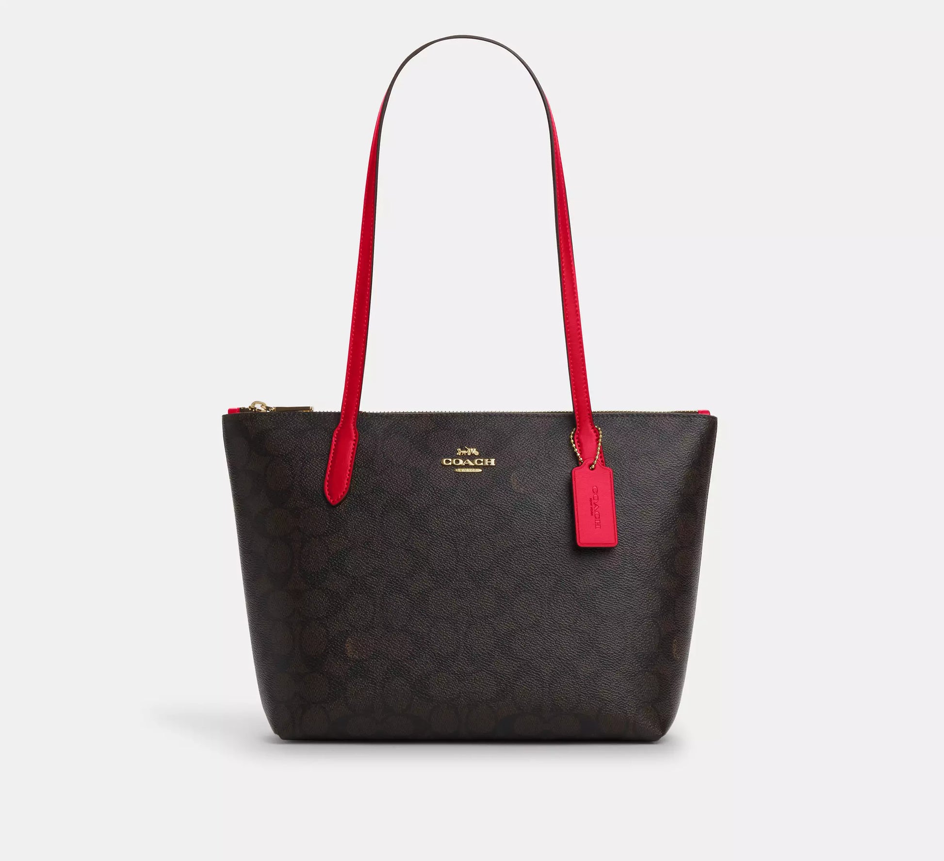 Coach Fiona Zip Tote Bag In Signature Canvas- Walnut/Bold Red