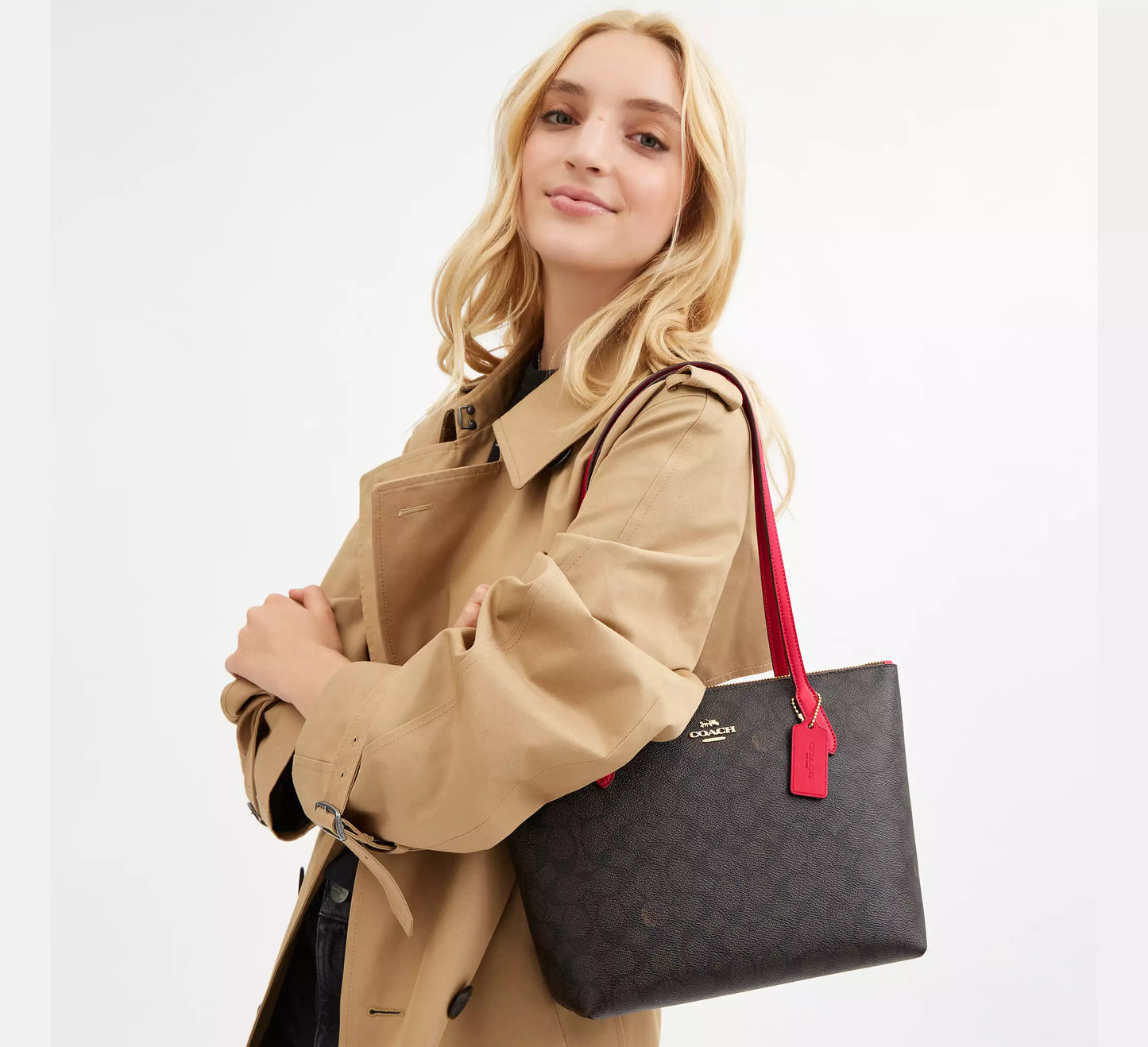 Coach Fiona Zip Tote Bag In Signature Canvas- Walnut/Bold Red