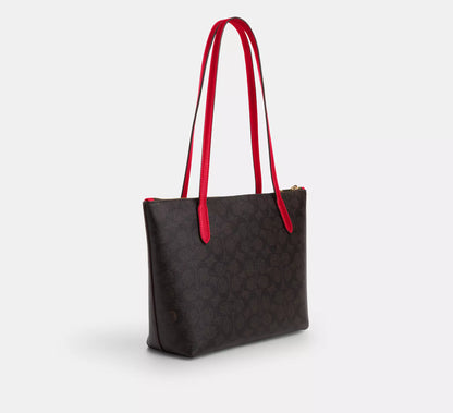 Coach Fiona Zip Tote Bag In Signature Canvas- Walnut/Bold Red