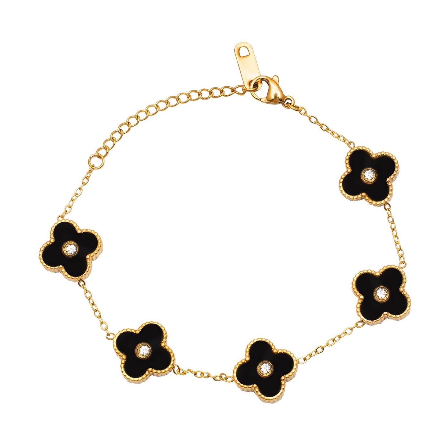 Gold Plated Flower Clover CZ and Crystal Studded Western Style Freesize Bracelet