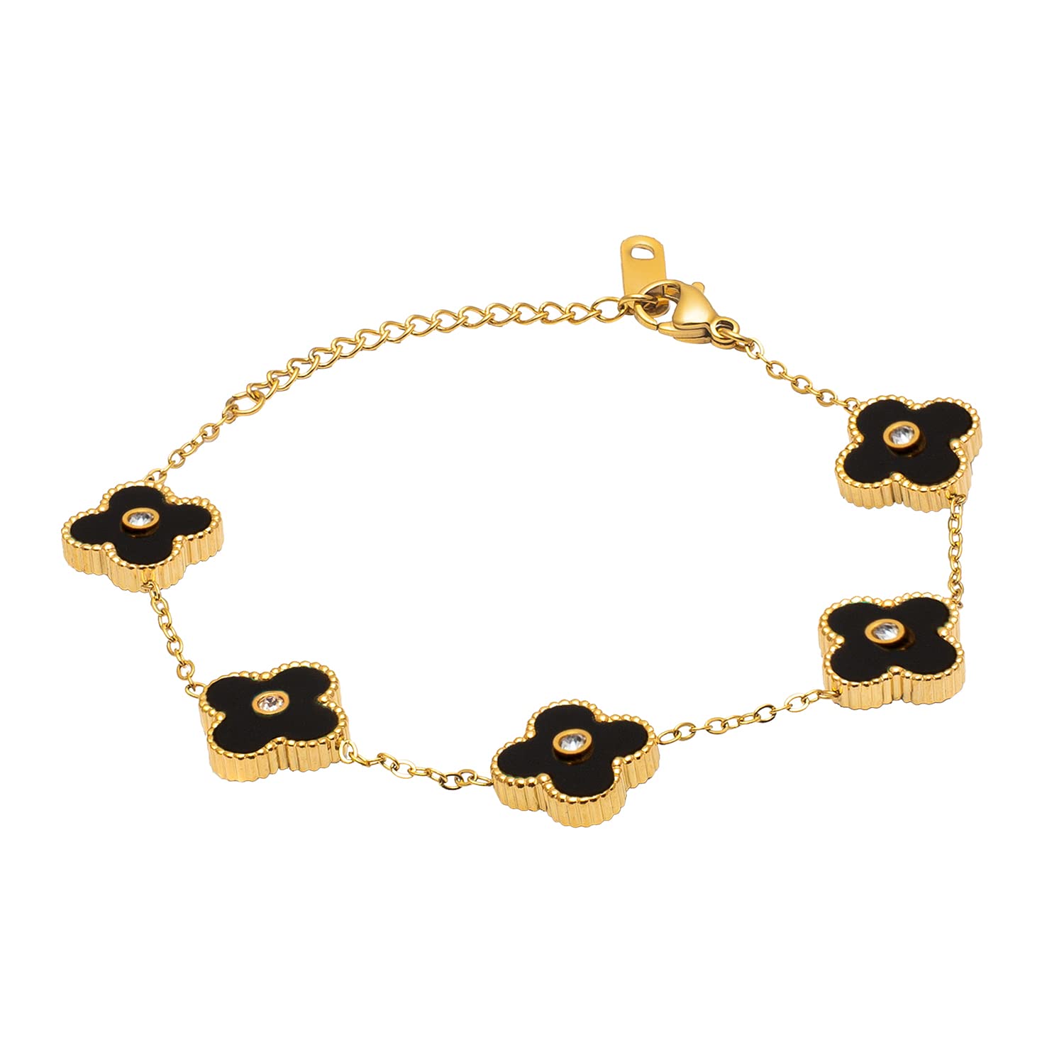 Gold Plated Flower Clover CZ and Crystal Studded Western Style Freesize Bracelet