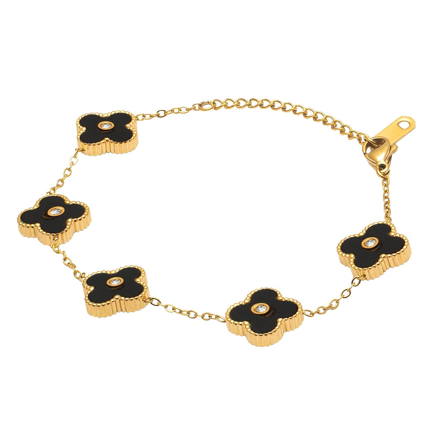 Gold Plated Flower Clover CZ and Crystal Studded Western Style Freesize Bracelet