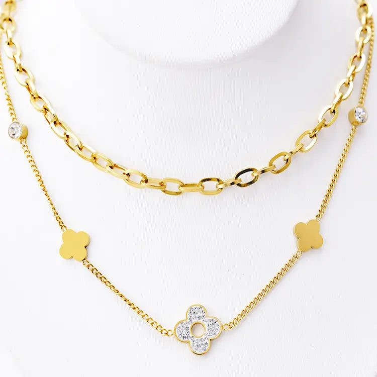 Gold Plated Titanium Steel Double Layered Cuban Chain Diamond Zircon Clover Necklace