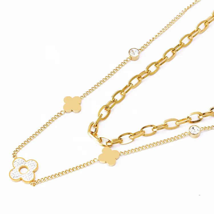 Gold Plated Titanium Steel Double Layered Cuban Chain Diamond Zircon Clover Necklace