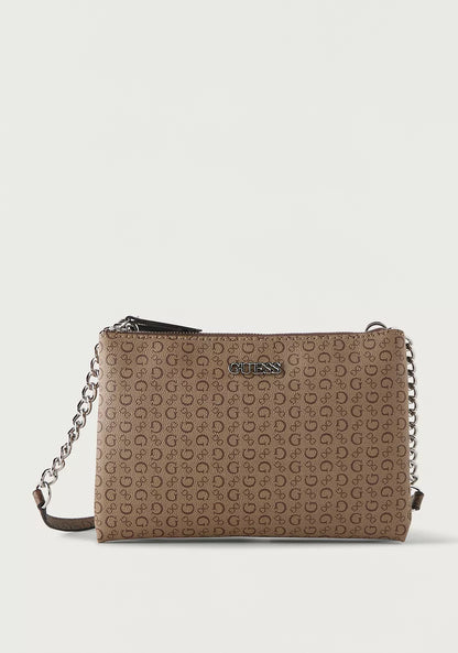 Guess All-Over Logo Print Crossbody Bag with Zip Closure- Brown