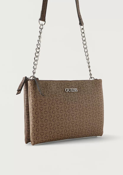 Guess All-Over Logo Print Crossbody Bag with Zip Closure- Brown