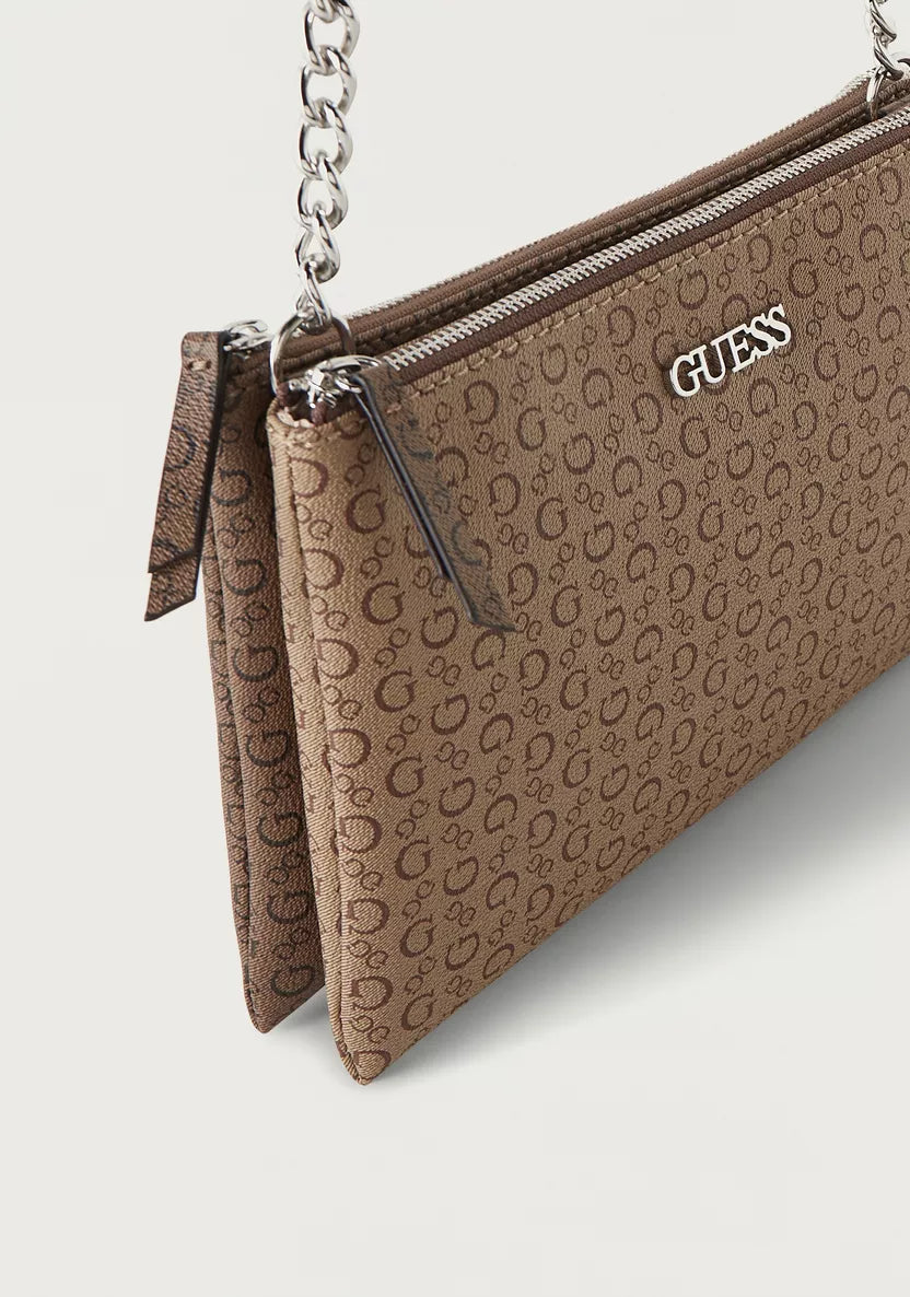 Guess All-Over Logo Print Crossbody Bag with Zip Closure- Brown