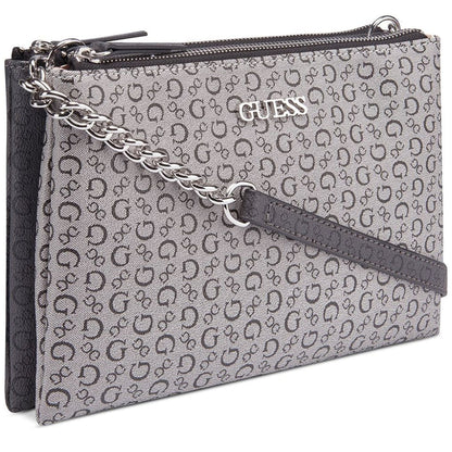 Guess All-Over Logo Print Crossbody Bag with Zip Closure- Silver & Black