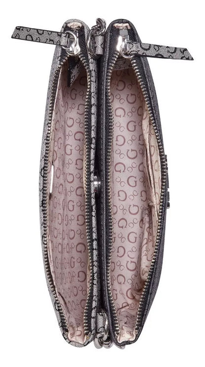 Guess All-Over Logo Print Crossbody Bag with Zip Closure- Silver & Black