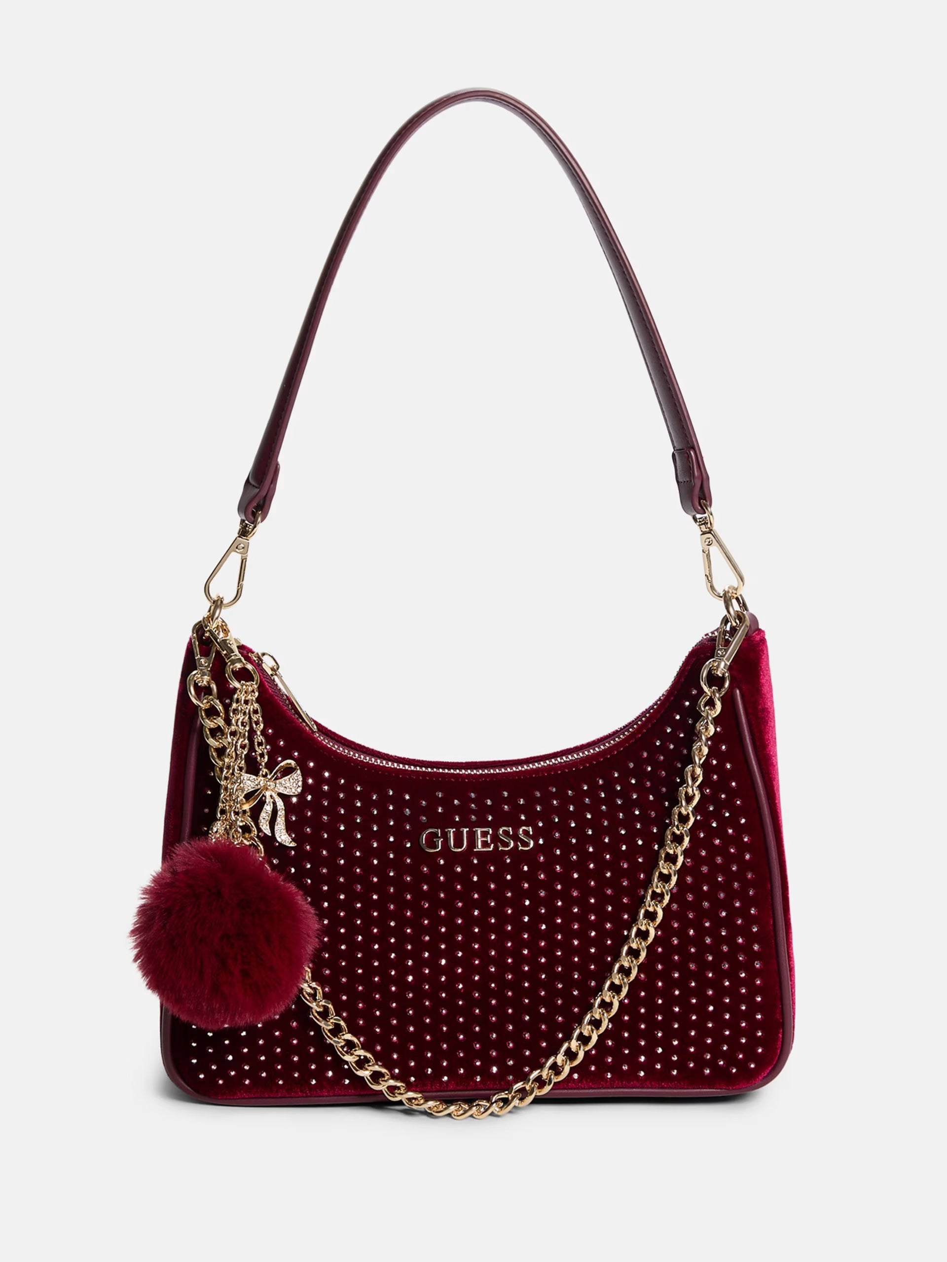 Guess Holly Velvet Shoulder Bag- Wine Velvet