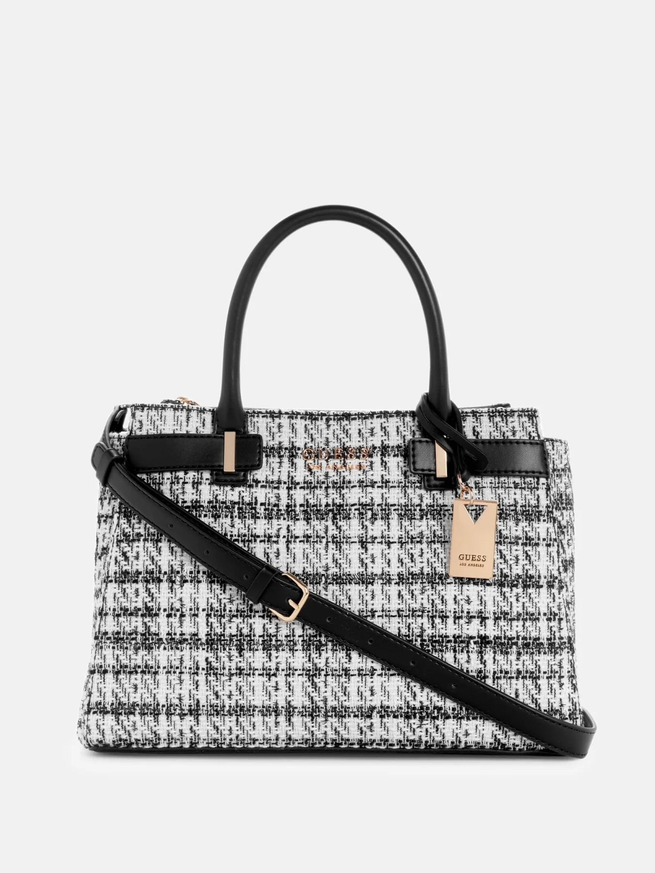 Guess Keeler Tweed Satchel Bag- White Multi