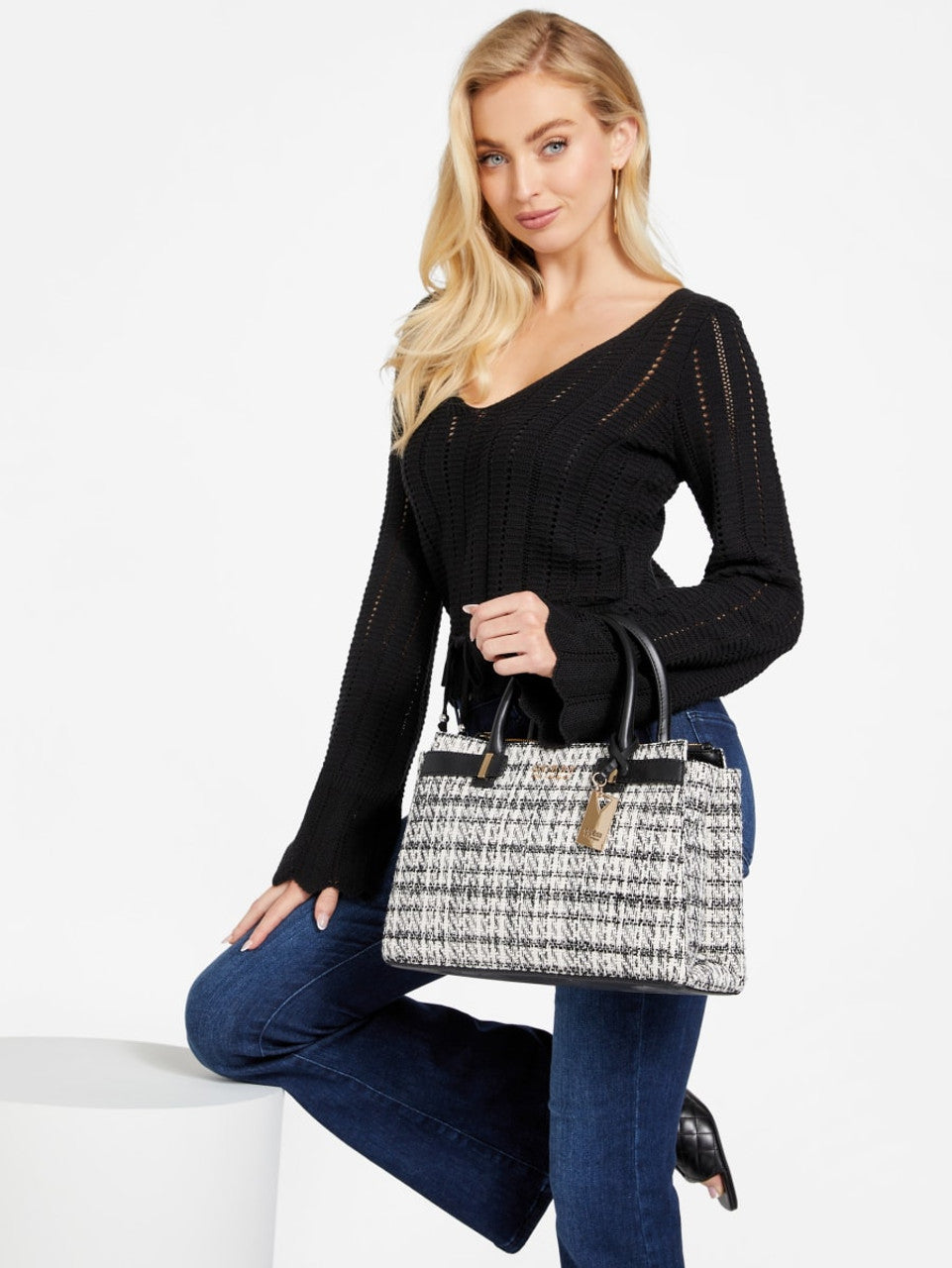 Guess Keeler Tweed Satchel Bag- White Multi