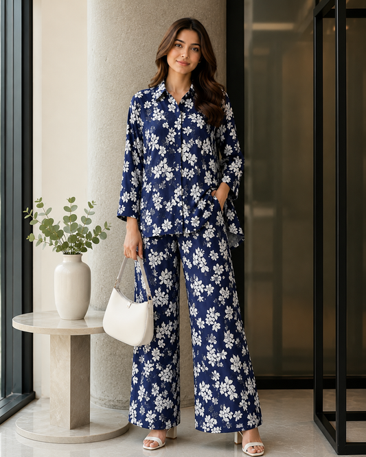Floral Printed Co-Ord Set for Women Relaxed Fit-Navy