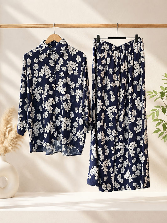 Floral Printed Co-Ord Set for Women Relaxed Fit-Navy