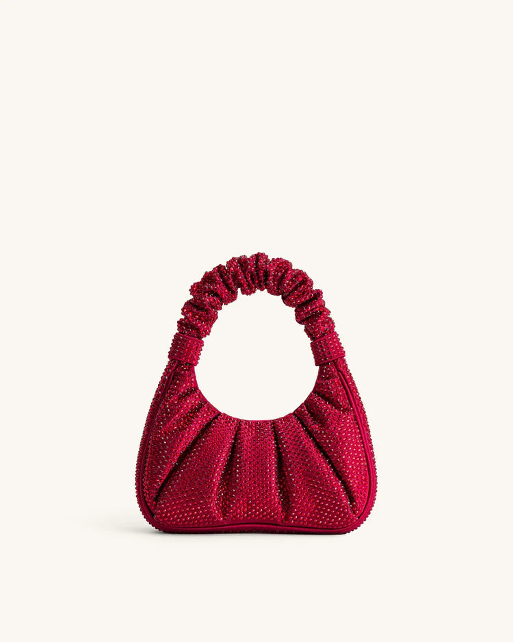 JE PEI Gabbi Artificial Crystal Medium Ruched Hobo Handbag - Red
