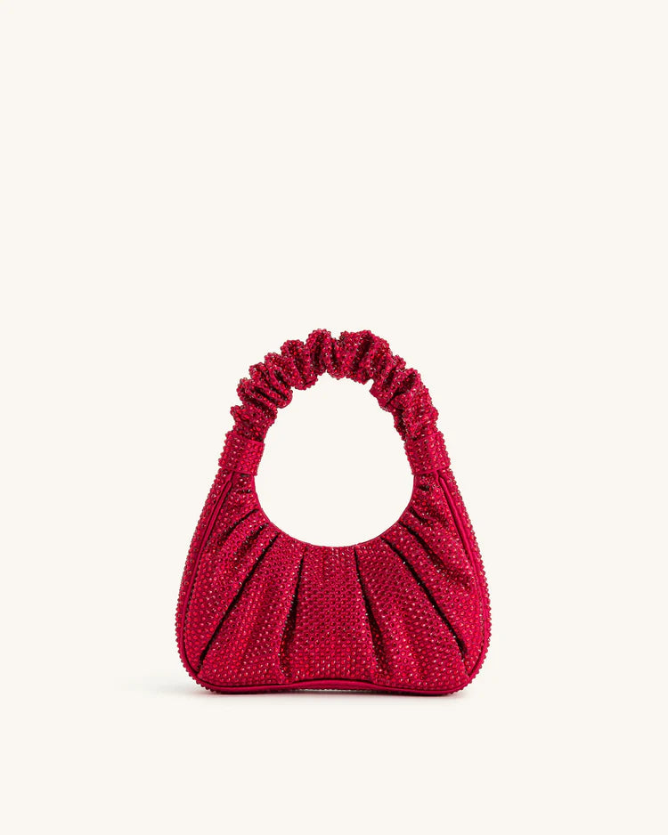 JE PEI Gabbi Artificial Crystal Medium Ruched Hobo Handbag - Red