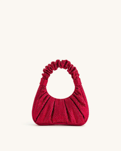 JE PEI Gabbi Artificial Crystal Medium Ruched Hobo Handbag - Red