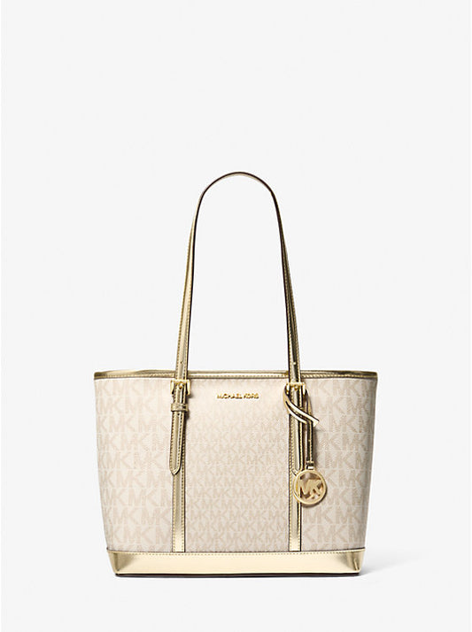 Michael Kors Jet Set Trvl Small Metallic Logo Tote Bag- Pale Gold