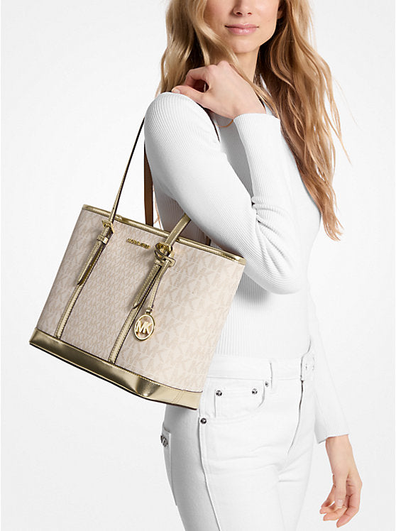 Michael Kors Jet Set Trvl Small Metallic Logo Tote Bag- Pale Gold