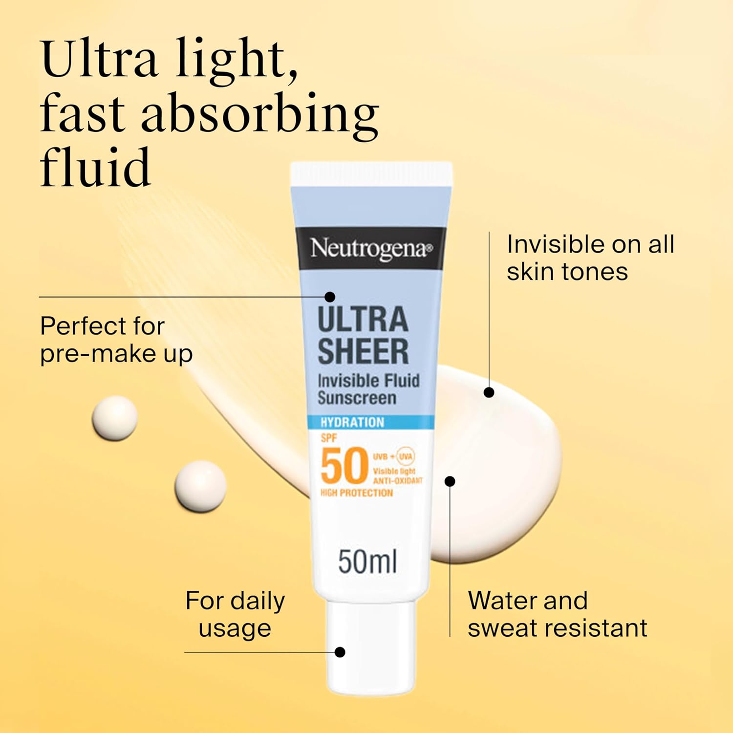 Neutrogena Ultra Sheer Invisible Fluid Sunscreen Hydration SPF50+, 50ml