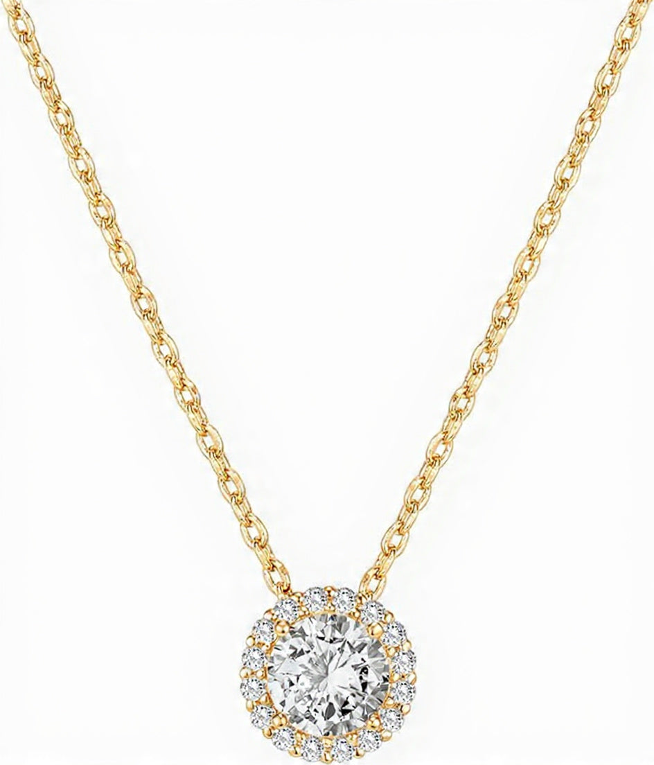 PAVOI 14K Gold Plated Post Faux Diamond Round Solitaire Pendant Halo Necklace