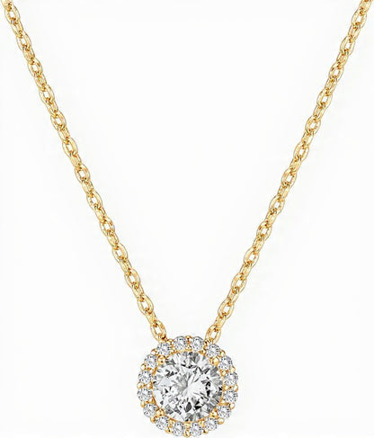 PAVOI 14K Gold Plated Post Faux Diamond Round Solitaire Pendant Halo Necklace