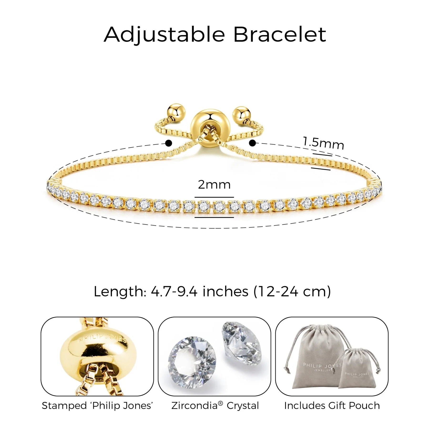 Philip Jones 18k Gold Plated 2mm Adjustable Tennis Bracelet