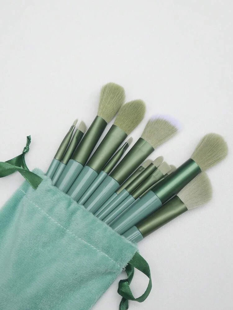 Shein 13 PC Makeup Brush Set with Pouch- Green